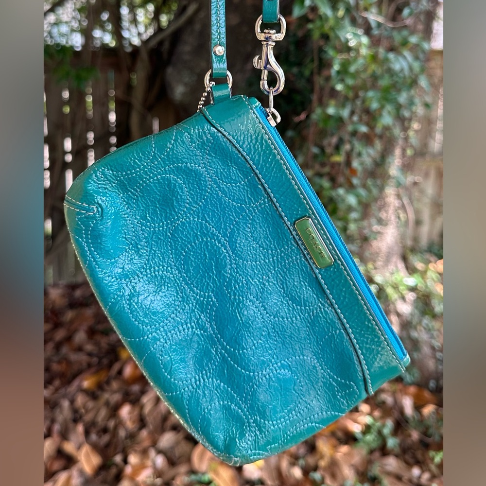 Coach Blue teal mermaid Leather Clutch Wristlet